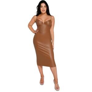 chinese dress ladies Shaperin Deep V Faux Leather Bodycon Dress Built-In Shapewear Black / S